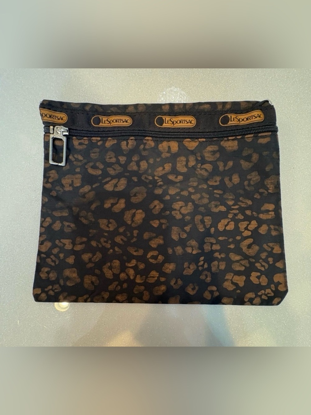 LeSportsac Leopard Print Brown Black Zip Pouch Travel Nylon Clutch Makeup Bag